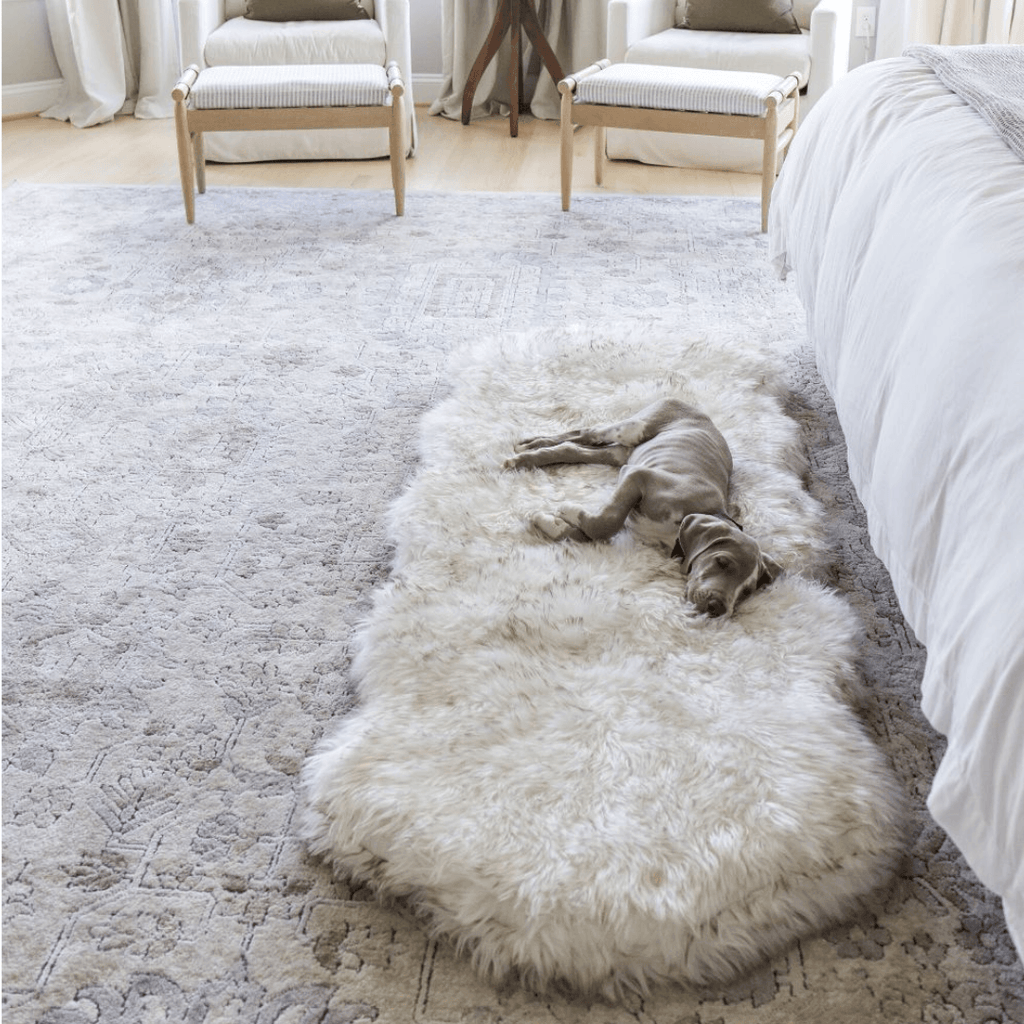 PupRug® Runner Faux Fur Memory Foam Dog Bed - Curve White with Brown Accents